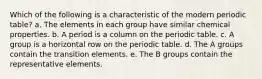 Which of the following is a characteristic of the modern periodic table? a. The elements in each group have similar chemical properties. b. A period is a column on the periodic table. c. A group is a horizontal row on the periodic table. d. The A groups contain the transition elements. e. The B groups contain the representative elements.