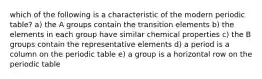 which of the following is a characteristic of the modern periodic table? a) the A groups contain the transition elements b) the elements in each group have similar chemical properties c) the B groups contain the representative elements d) a period is a column on the periodic table e) a group is a horizontal row on the periodic table