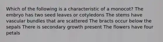 Which of the following is a characteristic of a monocot? The embryo has two seed leaves or cotyledons The stems have vascular bundles that are scattered The bracts occur below the sepals There is secondary growth present The flowers have four petals