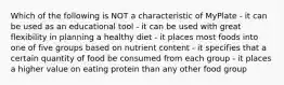 Which of the following is NOT a characteristic of MyPlate - it can be used as an educational tool - it can be used with great flexibility in planning a healthy diet - it places most foods into one of five groups based on nutrient content - it specifies that a certain quantity of food be consumed from each group - it places a higher value on eating protein than any other food group