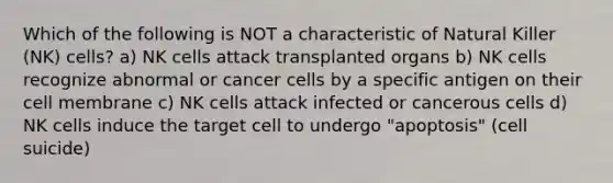 Which of the following is NOT a characteristic of Natural Killer (NK) cells? a) NK cells attack transplanted organs b) NK cells recognize abnormal or cancer cells by a specific antigen on their cell membrane c) NK cells attack infected or cancerous cells d) NK cells induce the target cell to undergo "apoptosis" (cell suicide)