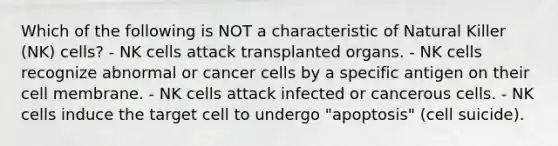 Which of the following is NOT a characteristic of Natural Killer (NK) cells? - NK cells attack transplanted organs. - NK cells recognize abnormal or cancer cells by a specific antigen on their cell membrane. - NK cells attack infected or cancerous cells. - NK cells induce the target cell to undergo "apoptosis" (cell suicide).