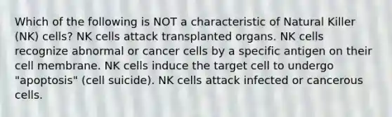 Which of the following is NOT a characteristic of Natural Killer (NK) cells? NK cells attack transplanted organs. NK cells recognize abnormal or cancer cells by a specific antigen on their cell membrane. NK cells induce the target cell to undergo "apoptosis" (cell suicide). NK cells attack infected or cancerous cells.