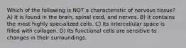 Which of the following is NOT a characteristic of nervous tissue? A) It is found in the brain, spinal cord, and nerves. B) It contains the most highly specialized cells. C) Its intercellular space is filled with collagen. D) Its functional cells are sensitive to changes in their surroundings.