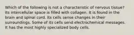 Which of the following is not a characteristic of nervous tissue? Its intercellular space is filled with collagen. It is found in the brain and spinal cord. Its cells sense changes in their surroundings. Some of its cells send electrochemical messages. It has the most highly specialized body cells.