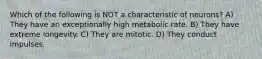 Which of the following is NOT a characteristic of neurons? A) They have an exceptionally high metabolic rate. B) They have extreme longevity. C) They are mitotic. D) They conduct impulses.