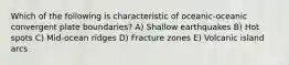 Which of the following is characteristic of oceanic-oceanic convergent plate boundaries? A) Shallow earthquakes B) Hot spots C) Mid-ocean ridges D) Fracture zones E) Volcanic island arcs