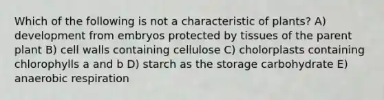 Which of the following is not a characteristic of plants? A) development from embryos protected by tissues of the parent plant B) cell walls containing cellulose C) cholorplasts containing chlorophylls a and b D) starch as the storage carbohydrate E) an<a href='https://www.questionai.com/knowledge/kyxGdbadrV-aerobic-respiration' class='anchor-knowledge'>aerobic respiration</a>