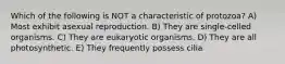 Which of the following is NOT a characteristic of protozoa? A) Most exhibit asexual reproduction. B) They are single-celled organisms. C) They are eukaryotic organisms. D) They are all photosynthetic. E) They frequently possess cilia