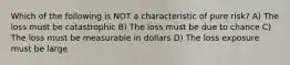 Which of the following is NOT a characteristic of pure risk? A) The loss must be catastrophic B) The loss must be due to chance C) The loss must be measurable in dollars D) The loss exposure must be large