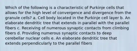 Which of the following is a characteristic of Purkinje cells that allows for the high level of convergence and divergence from the granule cells? a. Cell body located in the Purkinje cell layer b. An elaborate dendritic tree that extends in parallel with the parallel fibers c. Receiving of numerous synaptic contacts from climbing fibers d. Providing numerous synaptic contacts to deep cerebellar nuclear cells e. An elaborate dendritic tree that extends perpendicularly to the parallel fibers