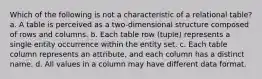 Which of the following is not a characteristic of a relational table? a. A table is perceived as a two-dimensional structure composed of rows and columns. b. Each table row (tuple) represents a single entity occurrence within the entity set. c. Each table column represents an attribute, and each column has a distinct name. d. All values in a column may have different data format.