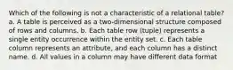 Which of the following is not a characteristic of a relational table? a. A table is perceived as a two-dimensional structure composed of rows and columns. b. Each table row (tuple) represents a single entity occurrence within the entity set. c. Each table column represents an attribute, and each column has a distinct name. d. All values in a column may have different data format