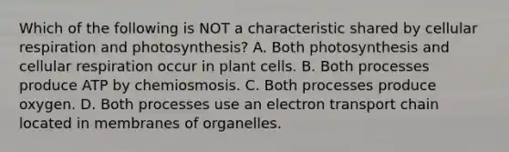 Which of the following is NOT a characteristic shared by cellular respiration and photosynthesis? A. Both photosynthesis and cellular respiration occur in plant cells. B. Both processes produce ATP by chemiosmosis. C. Both processes produce oxygen. D. Both processes use an electron transport chain located in membranes of organelles.