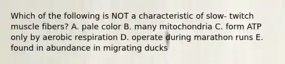 Which of the following is NOT a characteristic of slow- twitch muscle fibers? A. pale color B. many mitochondria C. form ATP only by <a href='https://www.questionai.com/knowledge/kyxGdbadrV-aerobic-respiration' class='anchor-knowledge'>aerobic respiration</a> D. operate during marathon runs E. found in abundance in migrating ducks