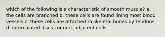 which of the following is a characteristic of smooth muscle? a. the cells are branched b. these cells are found lining most blood vessels c. these cells are attached to skeletal bones by tendons d. intercalated discs connect adjacent cells