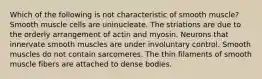 Which of the following is not characteristic of smooth muscle? Smooth muscle cells are uninucleate. The striations are due to the orderly arrangement of actin and myosin. Neurons that innervate smooth muscles are under involuntary control. Smooth muscles do not contain sarcomeres. The thin filaments of smooth muscle fibers are attached to dense bodies.