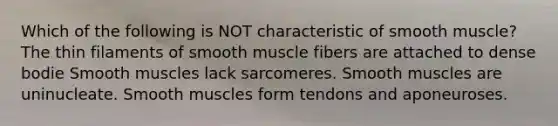 Which of the following is NOT characteristic of smooth muscle? The thin filaments of smooth muscle fibers are attached to dense bodie Smooth muscles lack sarcomeres. Smooth muscles are uninucleate. Smooth muscles form tendons and aponeuroses.