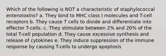 Which of the following is NOT a characteristic of staphylococcal enterotoxins? a. They bind to MHC class I molecules and T-cell receptors b. They cause T cells to divide and differentiate into effector T-cells. c. They stimulate between 2% and 20% of the total T-cell population d. They cause excessive synthesis and release of cytokines e. They induce suppression of the immune response by causing T-cells to undergo apoptosis