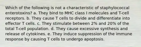 Which of the following is not a characteristic of staphylococcal enterotoxins? a. They bind to MHC class I molecules and T-cell receptors. b. They cause T cells to divide and differentiate into effector T cells. c. They stimulate between 2% and 20% of the total T-cell population. d. They cause excessive synthesis and release of cytokines. e. They induce suppression of the immune response by causing T cells to undergo apoptosis.