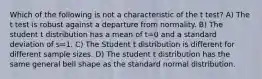 Which of the following is not a characteristic of the t test? A) The t test is robust against a departure from normality. B) The student t distribution has a mean of t=0 and a standard deviation of s=1. C) The Student t distribution is different for different sample sizes. D) The student t distribution has the same general bell shape as the standard normal distribution.