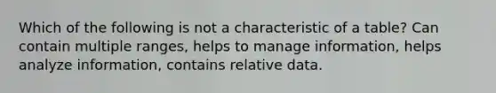 Which of the following is not a characteristic of a table? Can contain multiple ranges, helps to manage information, helps analyze information, contains relative data.