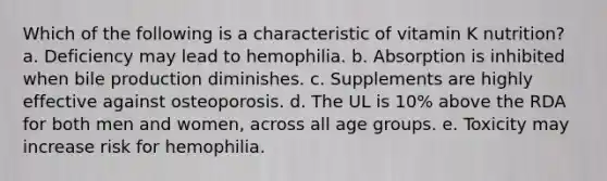 Which of the following is a characteristic of vitamin K nutrition?​ a. ​Deficiency may lead to hemophilia. b. ​Absorption is inhibited when bile production diminishes. c. ​Supplements are highly effective against osteoporosis. d. ​The UL is 10% above the RDA for both men and women, across all age groups. e. ​Toxicity may increase risk for hemophilia.