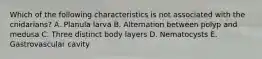 Which of the following characteristics is not associated with the cnidarians? A. Planula larva B. Alternation between polyp and medusa C. Three distinct body layers D. Nematocysts E. Gastrovascular cavity