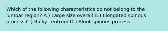 Which of the following characteristics do not belong to the lumbar region? A.) Large size overall B.) Elongated spinous process C.) Bulky centrum D.) Blunt spinous process