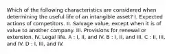 Which of the following characteristics are considered when determining the useful life of an intangible asset? I. Expected actions of competitors. II. Salvage value, except when it is of value to another company. III. Provisions for renewal or extension. IV. Legal life. A : I, II, and IV. B : I, II, and III. C : II, III, and IV. D : I, III, and IV.