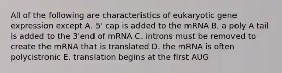 All of the following are characteristics of eukaryotic gene expression except A. 5' cap is added to the mRNA B. a poly A tail is added to the 3'end of mRNA C. introns must be removed to create the mRNA that is translated D. the mRNA is often polycistronic E. translation begins at the first AUG