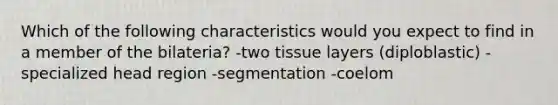 Which of the following characteristics would you expect to find in a member of the bilateria? -two tissue layers (diploblastic) -specialized head region -segmentation -coelom