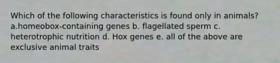 Which of the following characteristics is found only in animals? a.homeobox-containing genes b. flagellated sperm c. heterotrophic nutrition d. Hox genes e. all of the above are exclusive animal traits