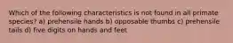 Which of the following characteristics is not found in all primate species? a) prehensile hands b) opposable thumbs c) prehensile tails d) five digits on hands and feet