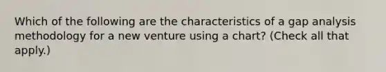 Which of the following are the characteristics of a gap analysis methodology for a new venture using a chart? (Check all that apply.)