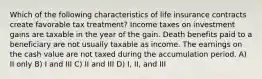 Which of the following characteristics of life insurance contracts create favorable tax treatment? Income taxes on investment gains are taxable in the year of the gain. Death benefits paid to a beneficiary are not usually taxable as income. The earnings on the cash value are not taxed during the accumulation period. A) II only B) I and III C) II and III D) I, II, and III