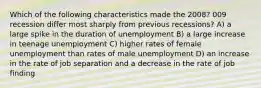 Which of the following characteristics made the 2008? 009 recession differ most sharply from previous recessions? A) a large spike in the duration of unemployment B) a large increase in teenage unemployment C) higher rates of female unemployment than rates of male unemployment D) an increase in the rate of job separation and a decrease in the rate of job finding