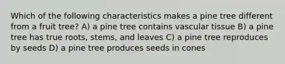 Which of the following characteristics makes a pine tree different from a fruit tree? A) a pine tree contains vascular tissue B) a pine tree has true roots, stems, and leaves C) a pine tree reproduces by seeds D) a pine tree produces seeds in cones