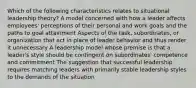 Which of the following characteristics relates to situational leadership theory? A model concerned with how a leader affects employees' perceptions of their personal and work goals and the paths to goal attainment Aspects of the task, subordinates, or organization that act in place of leader behavior and thus render it unnecessary A leadership model whose premise is that a leader's style should be contingent on subordinates' competence and commitment The suggestion that successful leadership requires matching leaders with primarily stable leadership styles to the demands of the situation