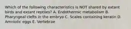 Which of the following characteristics is NOT shared by extant birds and extant reptiles? A. Endothermic metabolism B. Pharyngeal clefts in the embryo C. Scales containing keratin D. Amniotic eggs E. Vertebrae