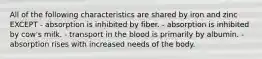 All of the following characteristics are shared by iron and zinc EXCEPT - absorption is inhibited by fiber. - absorption is inhibited by cow's milk. - transport in the blood is primarily by albumin. - absorption rises with increased needs of the body.