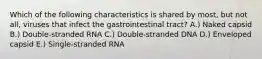 Which of the following characteristics is shared by most, but not all, viruses that infect the gastrointestinal tract? A.) Naked capsid B.) Double-stranded RNA C.) Double-stranded DNA D.) Enveloped capsid E.) Single-stranded RNA