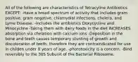 All of the following are characteristics of Tetracyline Antibiotics EXCEPT: -Have a broad spectrum of activity that includes gram positive, gram negative, chlamydial infections, cholera, and Lyme Disease. -Includes the antibiotics Doxycycline and Minocycline -Taking them with dairy foods in the diet INCREASES absorption via chelation with calcium ions -Deposition in the bone and teeth causes temporary stunting of growth and discoloration of teeth, therefore they are contraindicated for use in childen under 8 years of age. -phototoxicity is a concern. -Bind reversibly to the 30S Subunit of the Bacterial Ribosome.