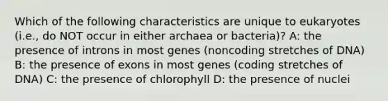 Which of the following characteristics are unique to eukaryotes (i.e., do NOT occur in either archaea or bacteria)? A: the presence of introns in most genes (noncoding stretches of DNA) B: the presence of exons in most genes (coding stretches of DNA) C: the presence of chlorophyll D: the presence of nuclei