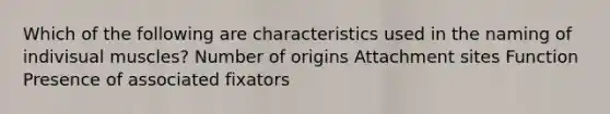 Which of the following are characteristics used in the naming of indivisual muscles? Number of origins Attachment sites Function Presence of associated fixators