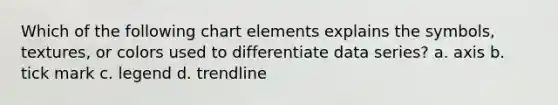 Which of the following chart elements explains the symbols, textures, or colors used to differentiate data series? a. axis b. tick mark c. legend d. trendline