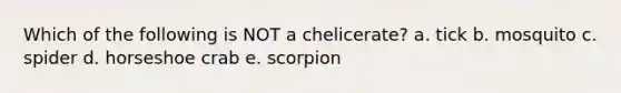 Which of the following is NOT a chelicerate? a. tick b. mosquito c. spider d. horseshoe crab e. scorpion