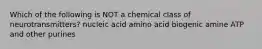 Which of the following is NOT a chemical class of neurotransmitters? nucleic acid amino acid biogenic amine ATP and other purines