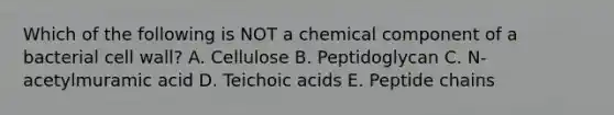 Which of the following is NOT a chemical component of a bacterial cell wall? A. Cellulose B. Peptidoglycan C. N-acetylmuramic acid D. Teichoic acids E. Peptide chains