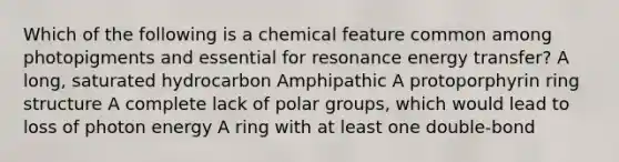 Which of the following is a chemical feature common among photopigments and essential for resonance energy transfer? A long, saturated hydrocarbon Amphipathic A protoporphyrin ring structure A complete lack of polar groups, which would lead to loss of photon energy A ring with at least one double-bond